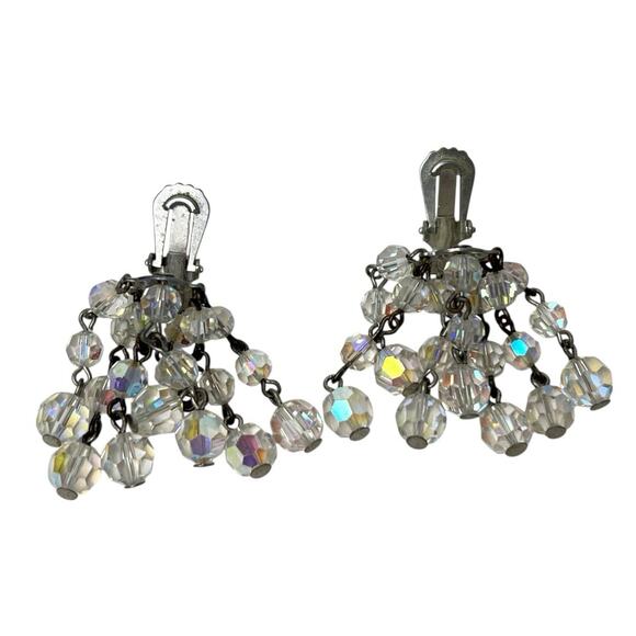Vintage Dangle Aurora Borealis Earrings Faceted AB Beads Cascade Cluster Clip On - Picture 5 of 7